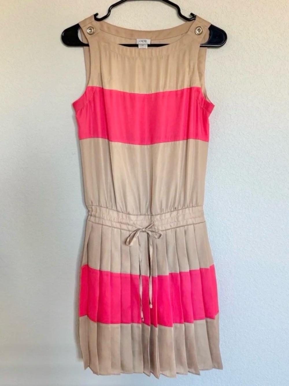 Cache Colorblock Pleated Mini Tank Dress 90s Beige Pink Size Small